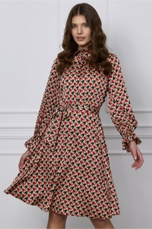 Rochie Iris bej din satin cu imprimeuri bordo si negre 1