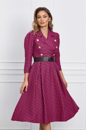 Rochie Iris fucsia cu imprimeu pepit si curea in talie 1