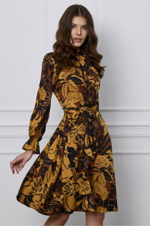 Rochie Iris maro din satin cu imprimeu galben mustar 1