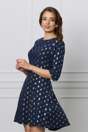 Rochie Iselin bleumarin cu imprimeu auriu si maneci trei sferturi 1
