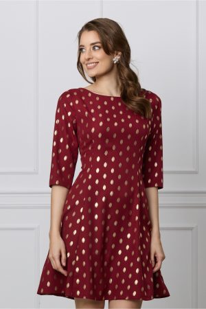 Rochie Iselin bordo cu imprimeu auriu si maneci trei sferturi 1
