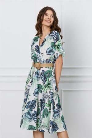 Rochie Iseline alba cu imprimeu exotic verde si curea in talie. 1