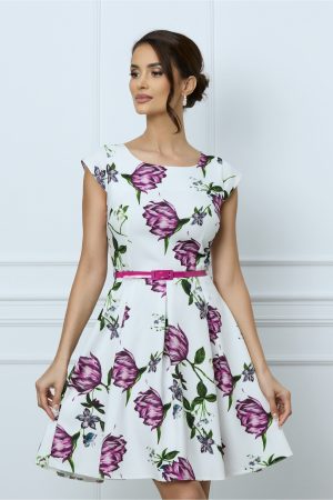 Rochie Iseline alba cu imprimeu floral magenta si curea in talie 1
