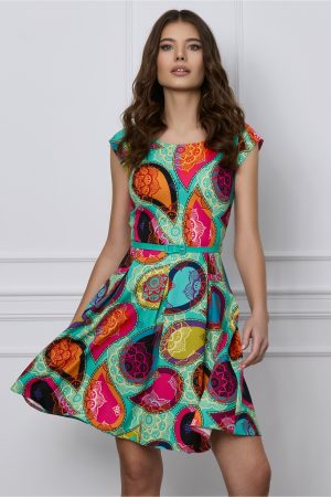 Rochie Iseline verde cu imprimeu mandala colorat si curea in talie 1