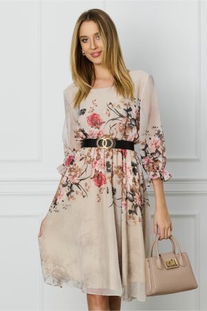 Rochie Iulia bej cu imprimeuri florale si curea in talie 1