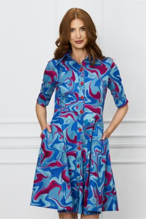 Rochie Ivona albastra cu imprimeuri magenta si nasturi 1