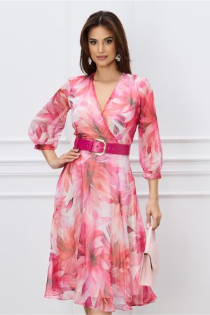 Rochie Ivone fucsia cu imprimeuri si curea in talie 1