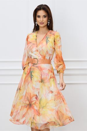 Rochie Ivone orange cu imprimeuri si curea in talie 1