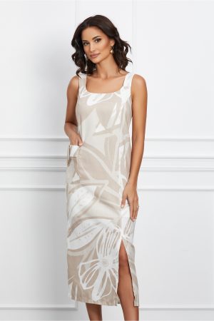 Rochie Jasmine alba cu imprimeu bej si buzunar 1