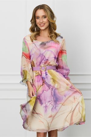 Rochie Jasmine mov din voal cu imprimeuri galben si curea in talie 1