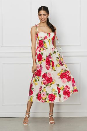 Rochie Jessie ivory cu imprimeuri florale fucsia 1