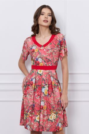 Rochie Kara rosie cu imprimeu floral galben 1
