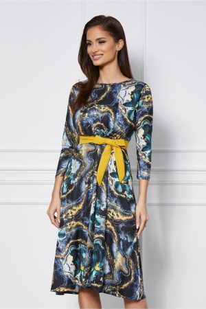 Rochie Karina gri cu imprimeuri galbene si cordon in talie 1