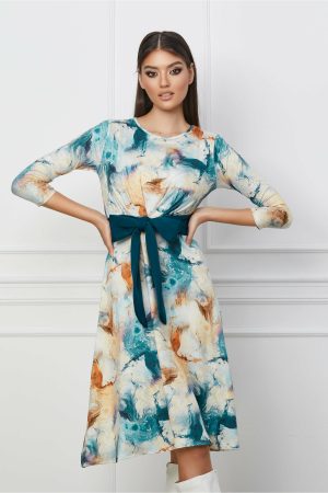 Rochie Karina ivory cu imprimeuri turcoaz si cordon in talie 1
