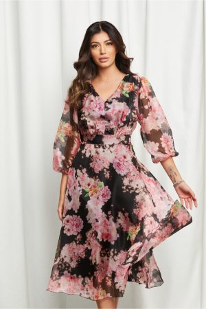 Rochie Katerina neagra cu imprimeuri roz 1