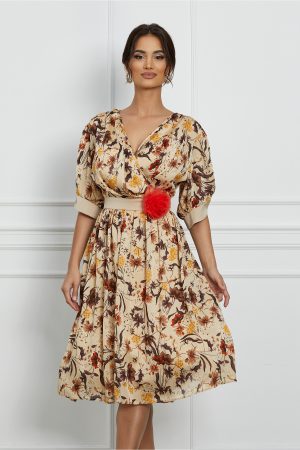 Rochie LaDonna bej cu imprimeuri florale maro 1
