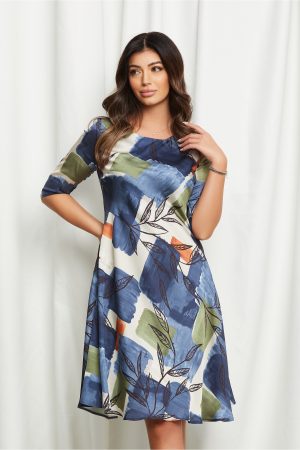 Rochie Lara bleumarin cu imprimeuri bej 1