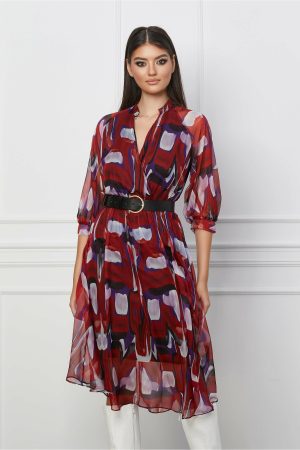 Rochie Larisa rosie cu imprimeuri mov si curea in talie 1