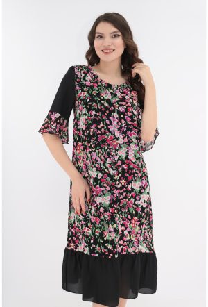 Rochie lejera cu imprimeu floral multicolor si volanas la tiv 1