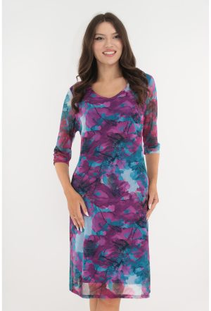 Rochie lejera din tulle albastru cu print floral ciclamen 1