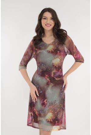 Rochie lejera din tulle cu print abstract bordo-caramiziu 1