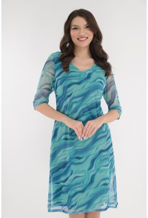 Rochie lejera din tulle cu print abstract turcoaz 1