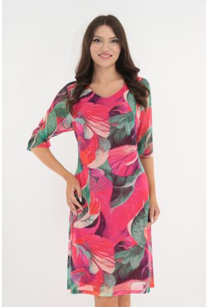 Rochie lejera din tulle cu print floral verde-corai 1