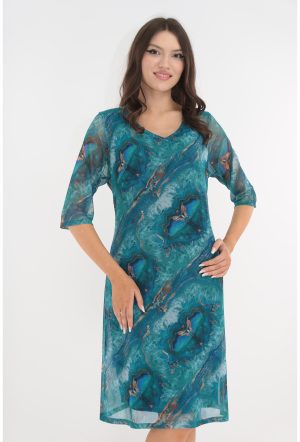 Rochie lejera din tulle turcoaz cu print abstract 1