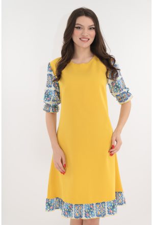 Rochie lejera mustar cu maneci si volane colorate 1