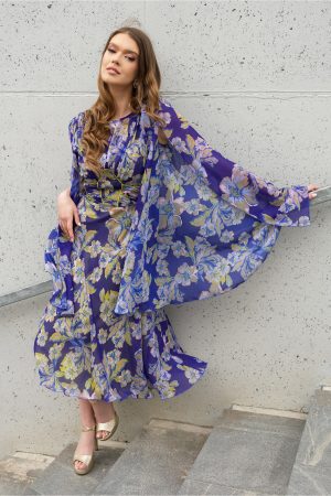 Rochie Leonard Collection albastra cu imprimeu floral verde 1