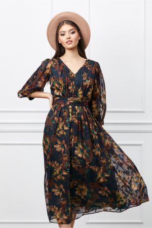 Rochie Leonard Collection bleumarin cu imprimeu maro 1