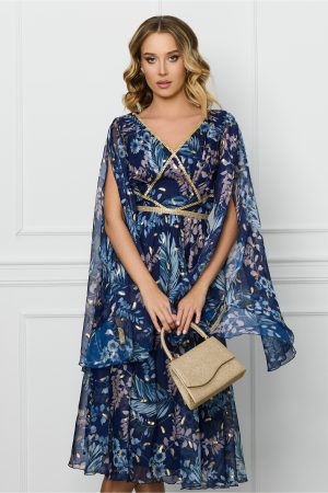 Rochie Leonard Collection bleumarin cu imprimeu si insertii aurii 1