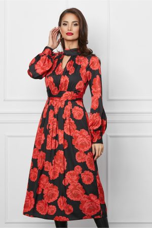 Rochie Leonard Collection neagra cu imprimeuri florale rosii 1