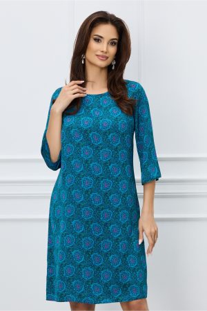 Rochie Lilith albastra cu imprimeuri mov si maneci trei sferturi 1