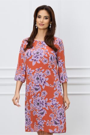 Rochie Lilith caramizie cu imprimeu lila si maneci trei sferturi 1