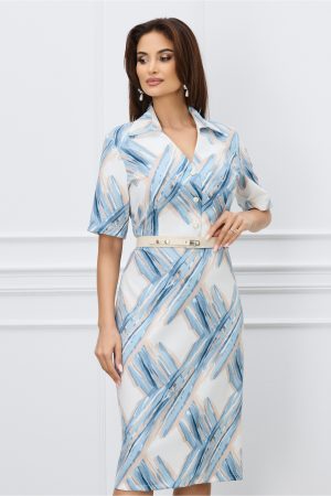 Rochie Lina alba cu imprimeuri bleu-bej si curea in talie 1
