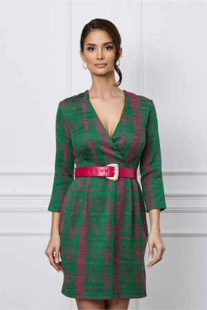 Rochie Lizzie verde cu imprimeuri fucsia si curea in talie 1