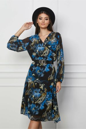 Rochie Loredana neagra cu imprimeu albastru si curea in talie 1