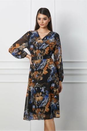 Rochie Loredana neagra cu imprimeu orange si curea in talie 1
