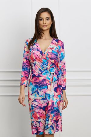 Rochie Lorena multicolora cu imprimeuri roz 1