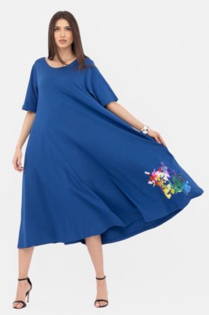 Rochie lunga A-line, albastra, cu imprimeu floare stilizata cu petale multicolore 1