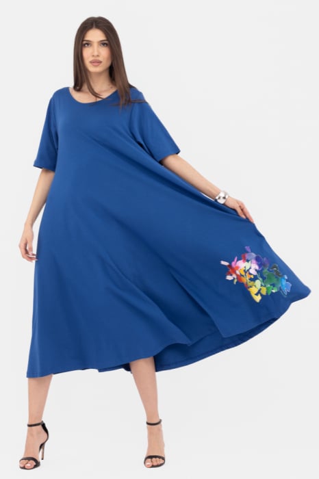 Rochie lunga A-line, albastra, cu imprimeu floare stilizata cu petale multicolore 1