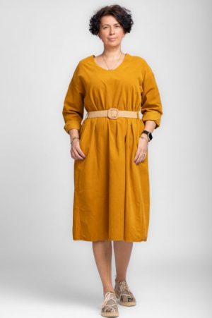 Rochie midi A-line din catifea reiata, cu curea, mustar 1