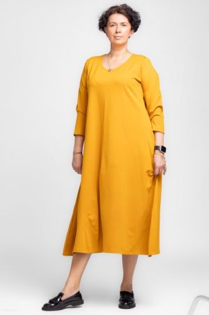 Rochie lunga A-line din tricot de bumbac mustar 1