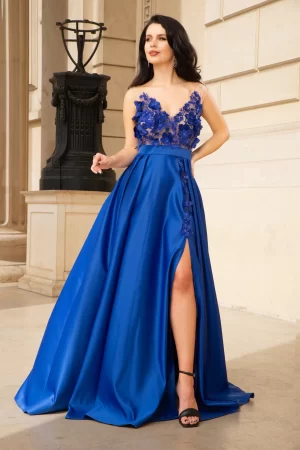 Rochie lunga Abigail royal de lux tip printesa din tafta cu flori 3D 1