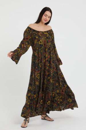 Rochie lunga Madonna cu imprimeu predominant kaki, cu 4 volane, din vascoza 1