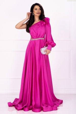 Rochie lunga de lux Medeea fucsia cu floare pe umar si detaliu pretios in talie 1