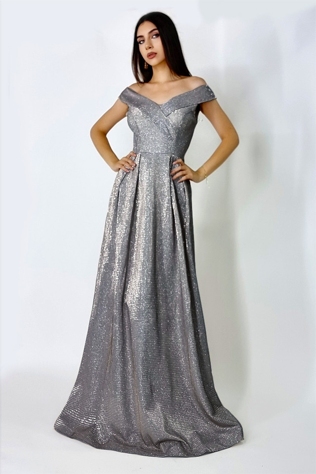 Rochie lunga Elize, cu pliuri definite si decolteu cu mansete pe umeri, Argintiu inchis, Marime universala S/M 1
