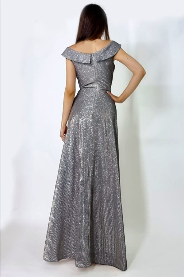 Rochie lunga Elize, cu pliuri definite si decolteu cu mansete pe umeri, Argintiu inchis, Marime universala S/M 2