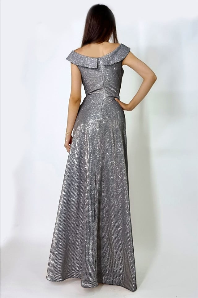 Rochie lunga Elize, cu pliuri definite si decolteu cu mansete pe umeri, Argintiu inchis, Marime universala S/M 2